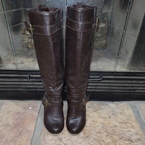 Voss tall brown zip-up heeled boots with buckles Size 6.5